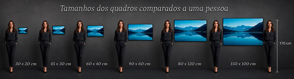Comparação de tamanhos de quadros Fine Art ao lado de uma pessoa de 170cm - Elograf